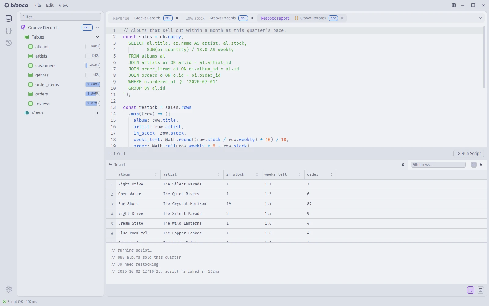 A script tab that computes a restock report, with its log and the resulting grid