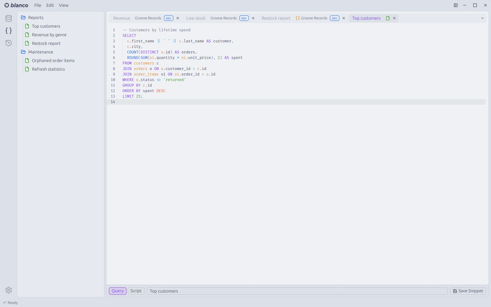 The snippets sidebar with two folders, and a snippet open in the editor