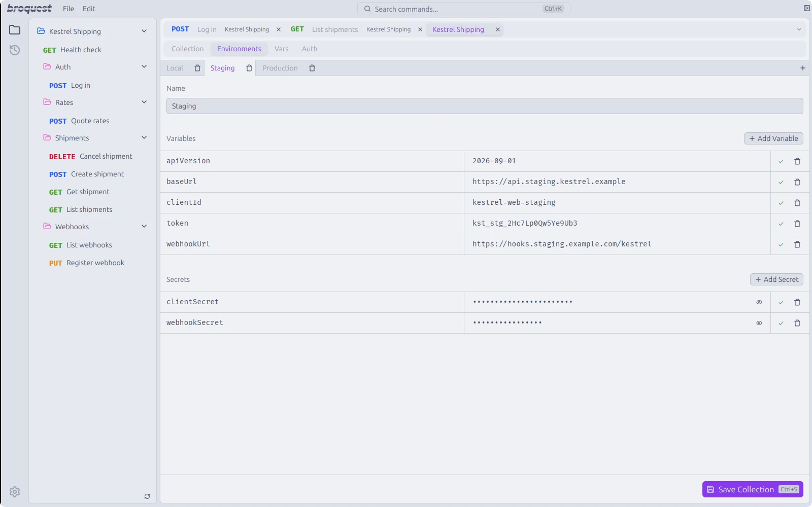 The Environments tab of a collection with the Staging environment selected, listing five variables and two masked secrets