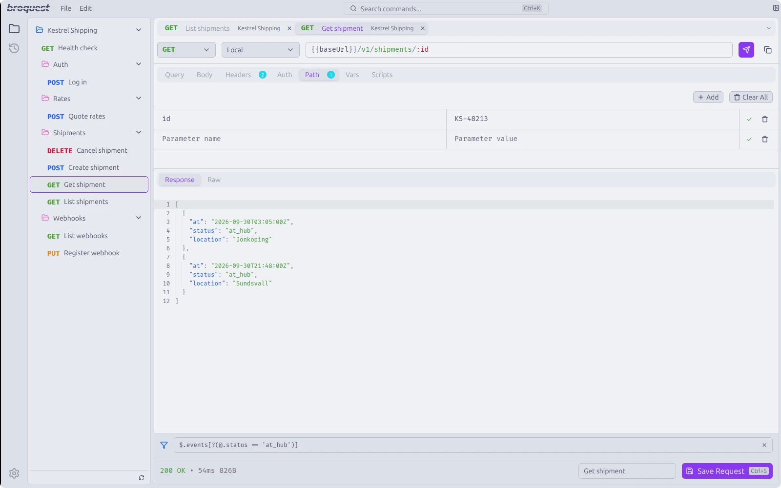 A GET request with a path parameter, its JSON response filtered by a JSONPath expression down to two tracking events