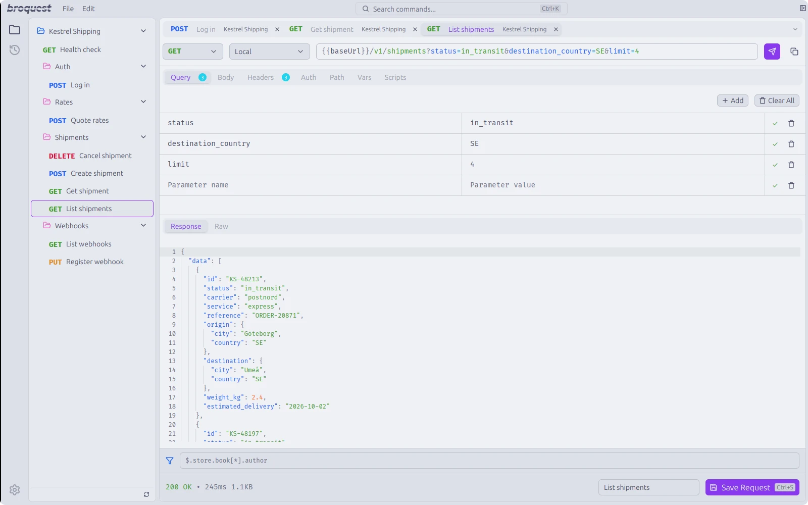 Broquest with a collection open in the sidebar and a GET request with three query parameters, sent in the Local environment, above its JSON response