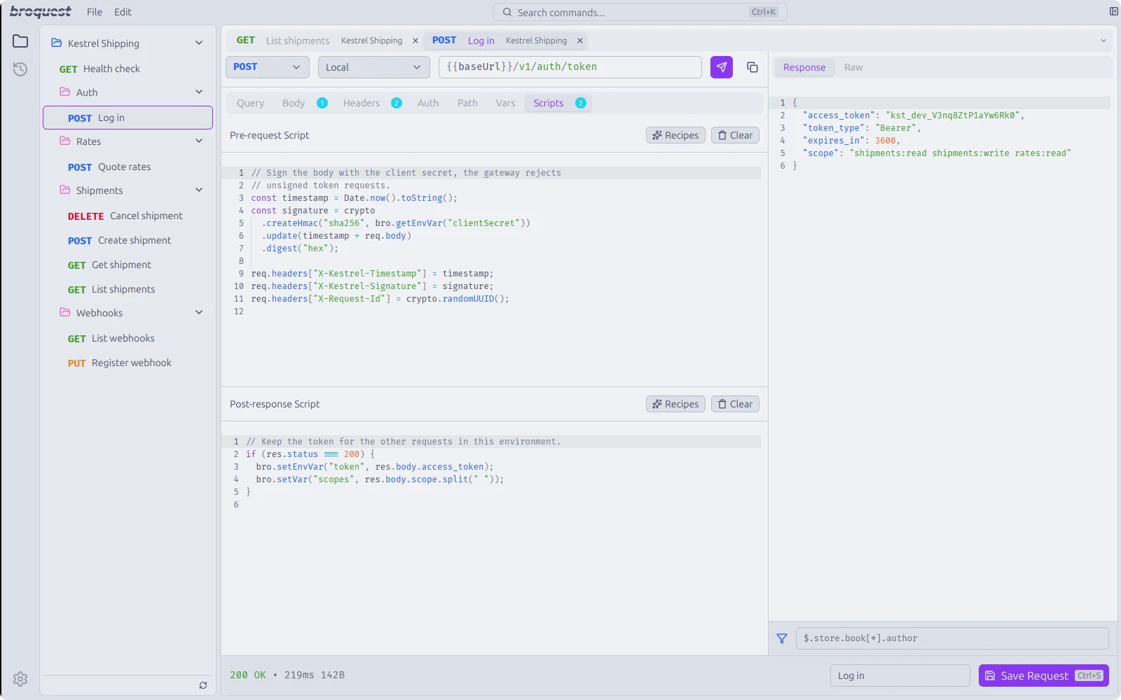 A POST request with a pre-request script that signs the body and a post-response script that saves the token, next to the JSON response