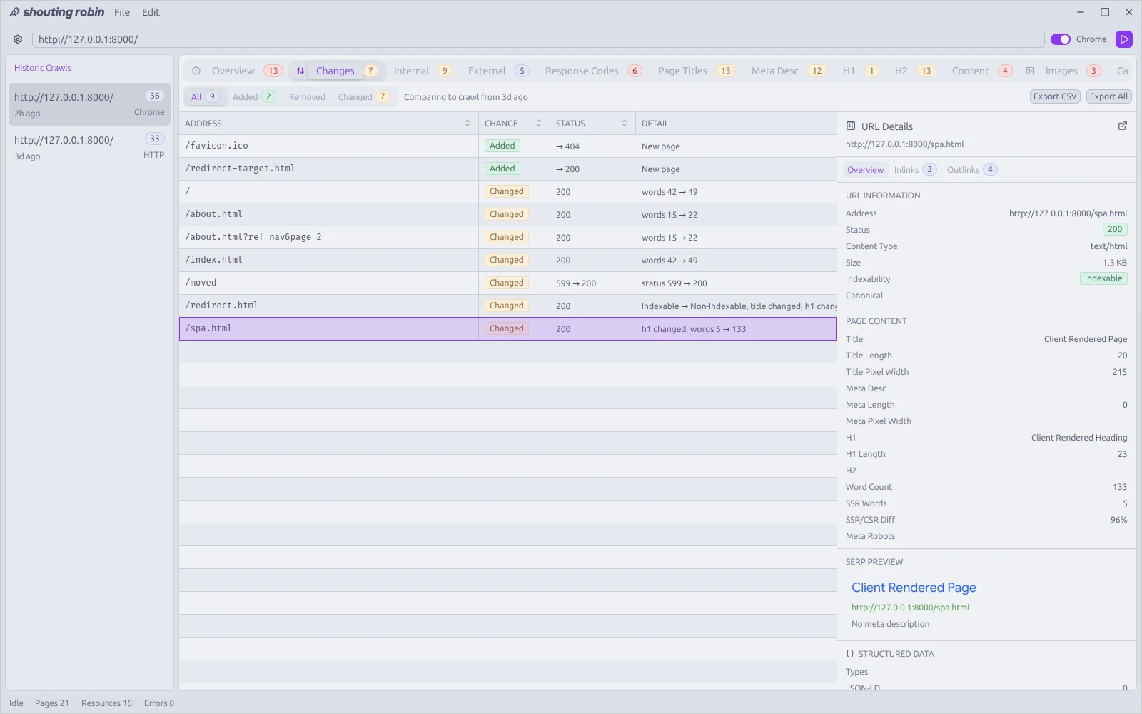 The Changes tab comparing a Chrome crawl with an HTTP crawl of the same site from three days earlier, with two crawls in the sidebar